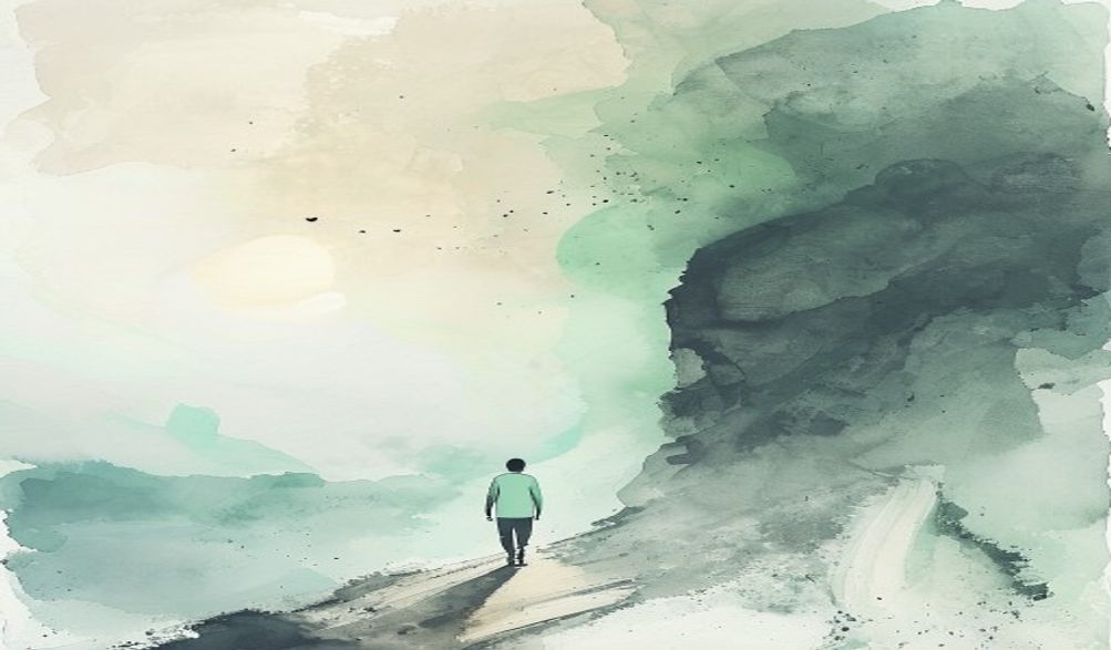 A person walking a long, steady path towards a sun