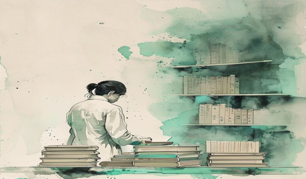 A librarian changing labels on thick medical books