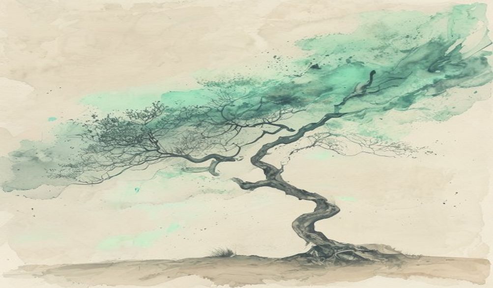 An old tree losing its balance after a sudden gust