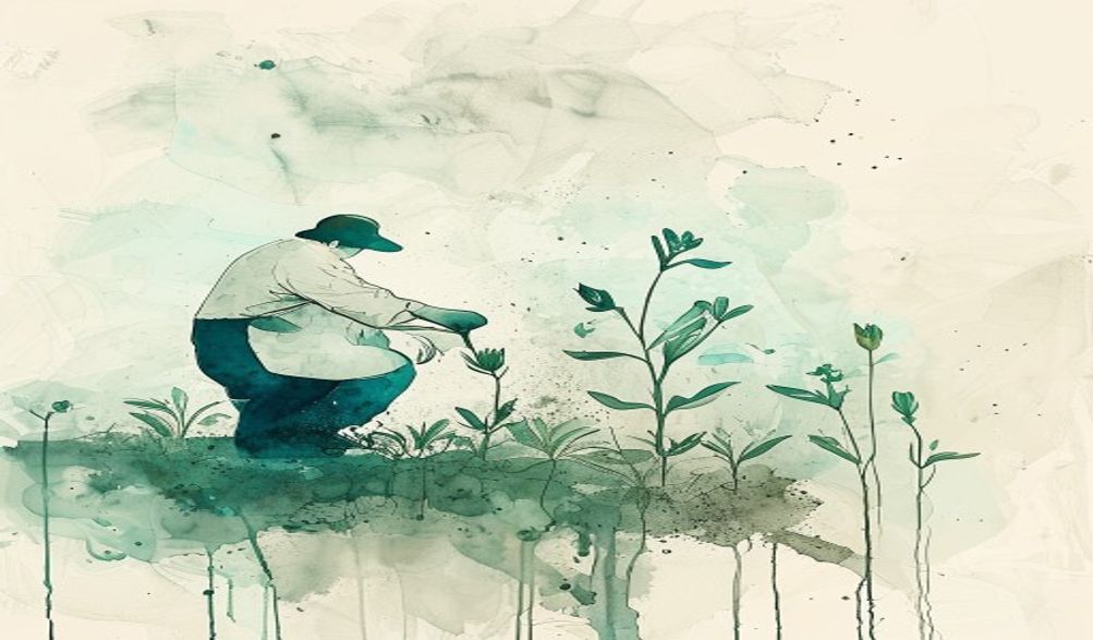 A gardener trying to pull out weeds that are inter