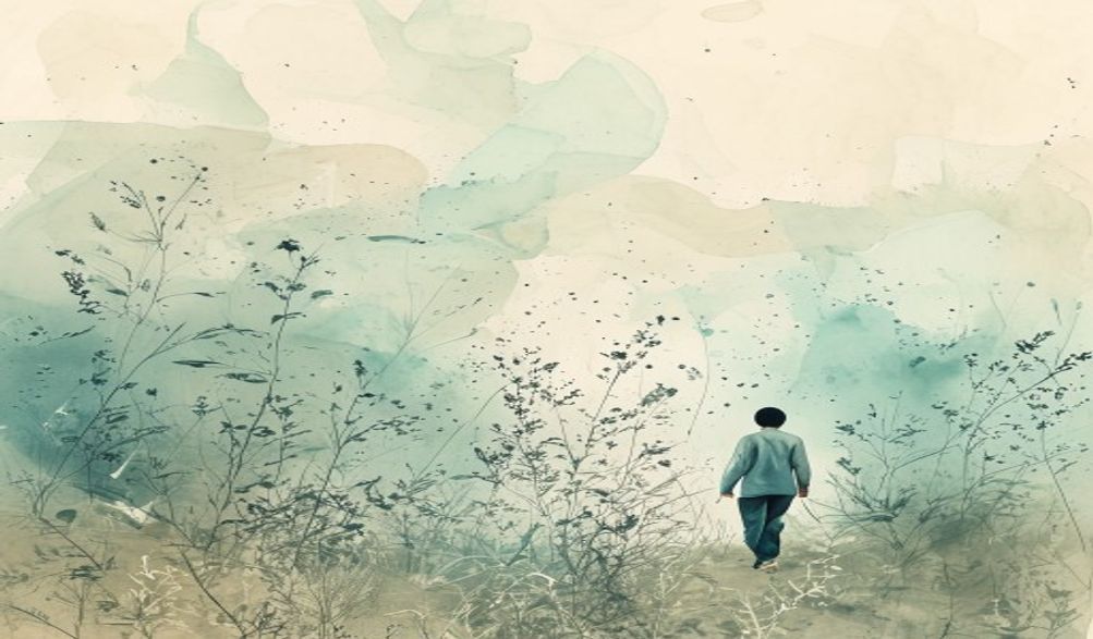 A person walking through a field of weeds, careful